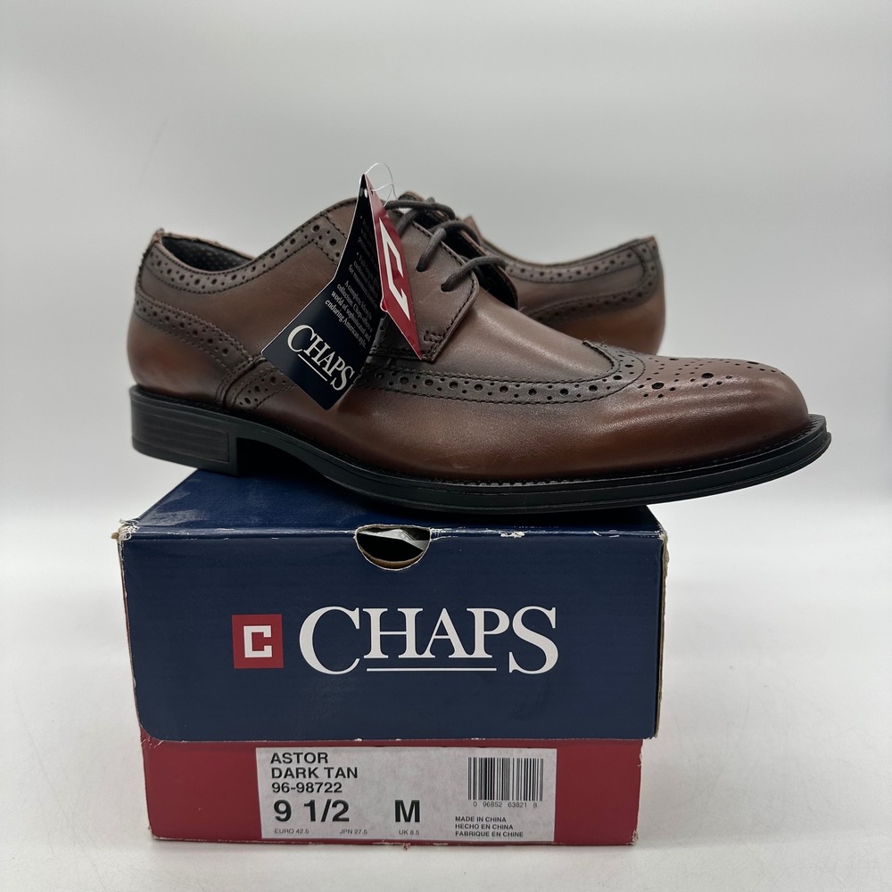 Chaps 96-98722 Mens 9.5 M Astor Dark Tan Wingtip Brogue‎ Oxford Dress Shoes